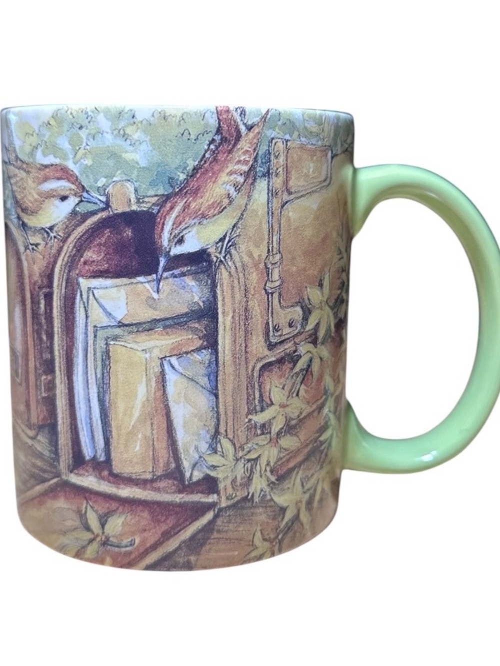 Green-Handle Bird & Mailbox Ceramic Mug